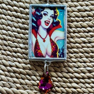 Retro Halloween Vampire Soldered Pendant, Halloween Pin Up Witch Pendant, Pin Up Girl, Gift for Her, Reversible Pendant, Necklace, Jewelry