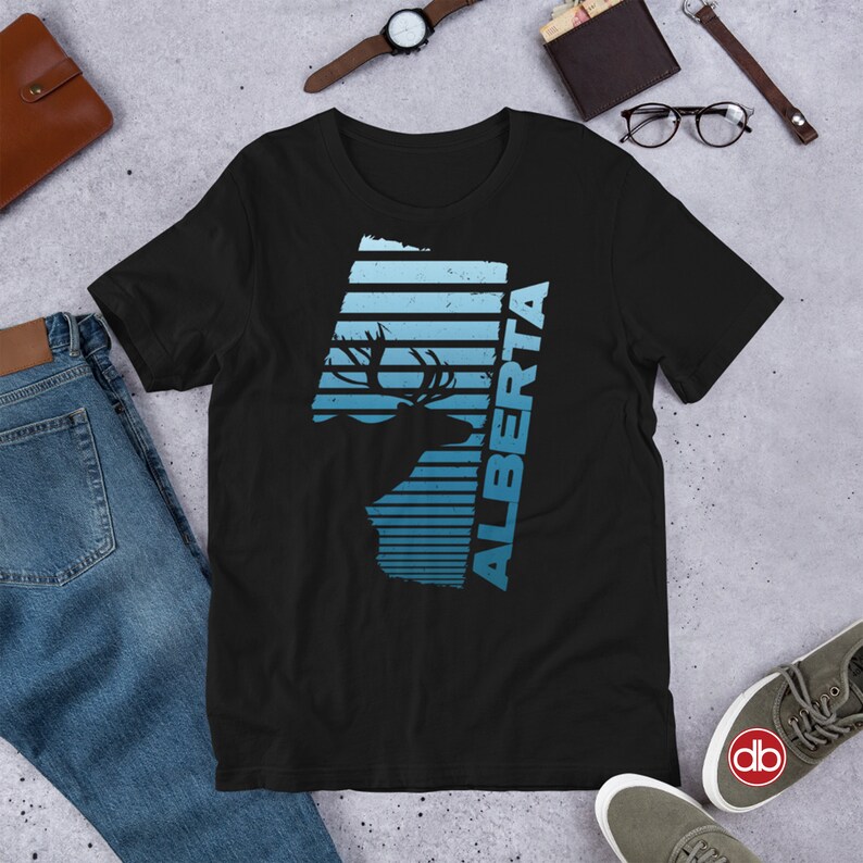 Alberta Canada Elk Sunrise T-Shirt Brown Wildlife Map Artwork Navy Blue or Black Unisex Nature Graphic Tee