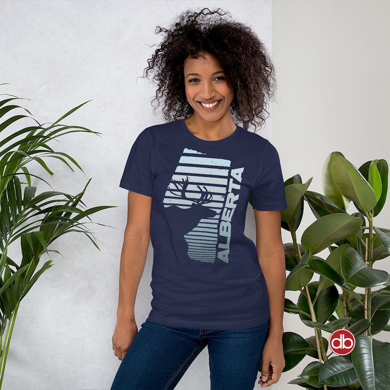 Alberta Canada Elk Sunrise T-Shirt Brown Wildlife Map Artwork Navy Blue or Black Unisex Nature Graphic Tee