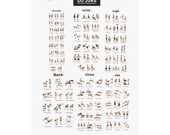 May include: A white poster with black text and illustrations of various exercises. The poster is divided into sections for shoulders, arms, legs, back, chest, and abs. The Juke Fitness Equipment logo is at the top.