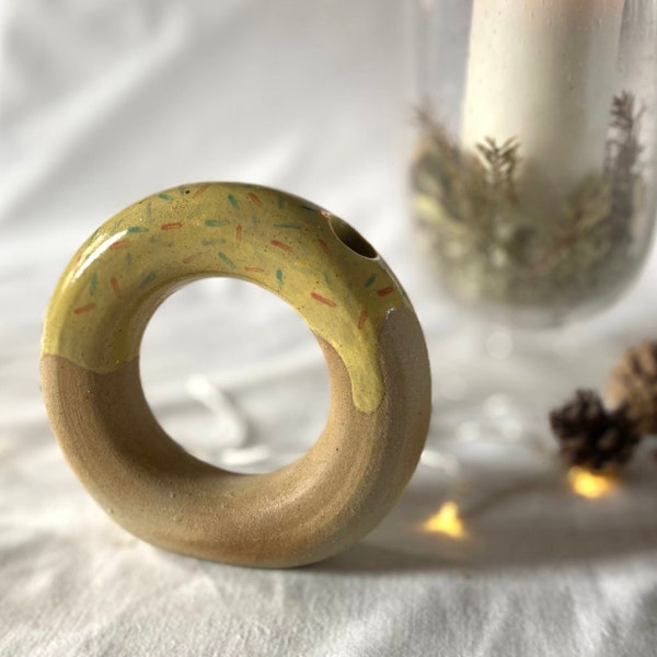 Reduced Yellow Glazed Unglazed Stoneware Ceramic Donut Doughnut Ring Shaped Bud Vase with Sprinkles