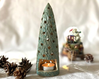 Jade Green Glazed Stoneware Pottery Bark Christmas Tree Tealight Candle Holder