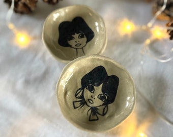 French YeYe Girls Sixties Inspired Girl Singers Face Glazed Unglazed Ceramic Pottery Ring Jewellery Jewelry Tray Dish Trinket Plate