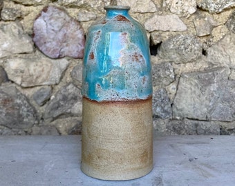 Shiny Glossy Rusty Blue Glazed Unglazed Wheel Thrown Stoneware Ceramic Flower Bud Vase