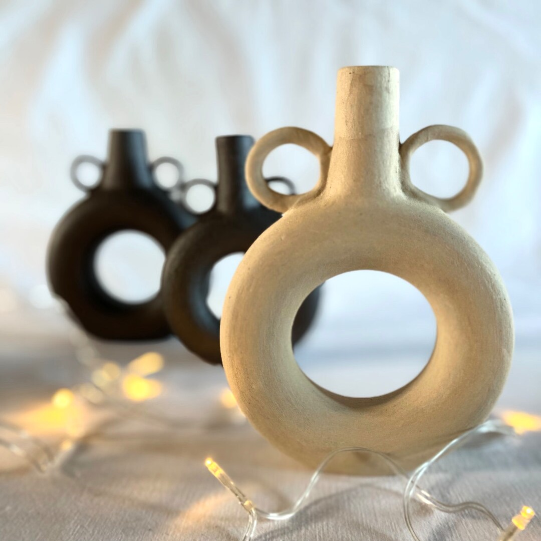 White Slip Painted Wheel Thrown Stoneware Ceramic Donut Flower Vase ...