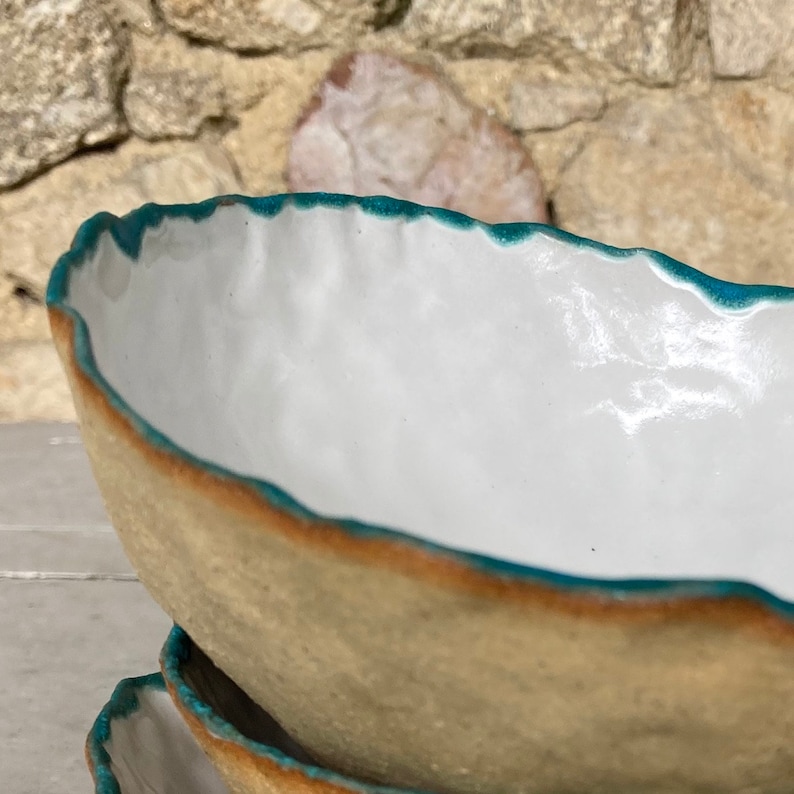 White and Blue Glazed Unglazed Speckled Stoneware Pinch Pot Hand Built Bowl Dish image 5