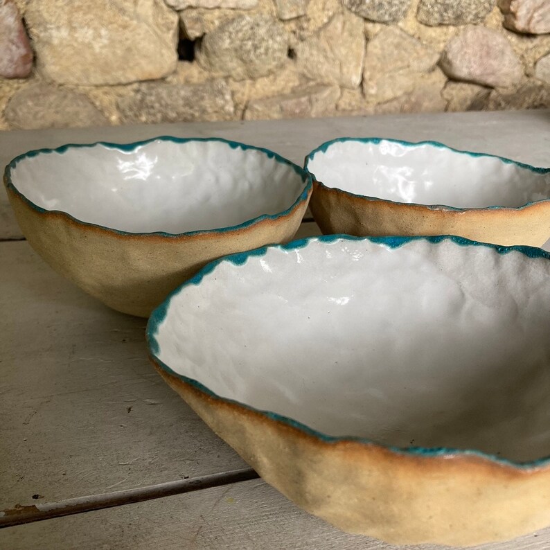 White and Blue Glazed Unglazed Speckled Stoneware Pinch Pot Hand Built Bowl Dish image 8