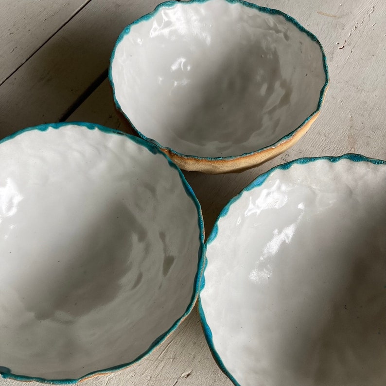 White and Blue Glazed Unglazed Speckled Stoneware Pinch Pot Hand Built Bowl Dish image 6