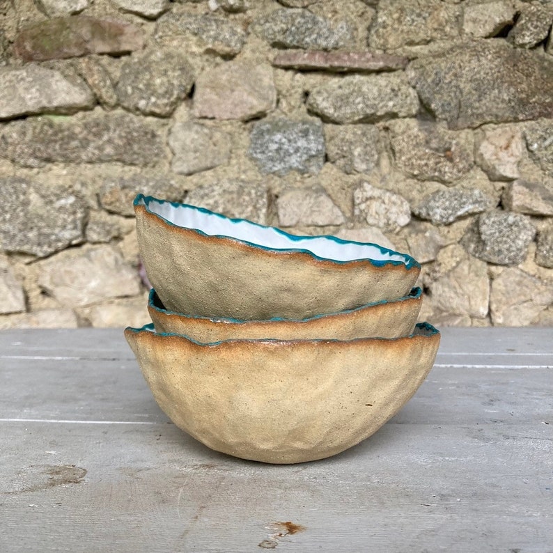 White and Blue Glazed Unglazed Speckled Stoneware Pinch Pot Hand Built Bowl Dish image 2