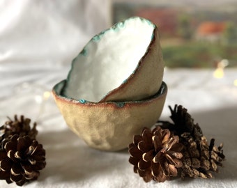 White and Blue Glazed Unglazed Speckled Stoneware Pinch Pot Hand Built Coffee Tea Hot Chocolate Mug Cup Bowl