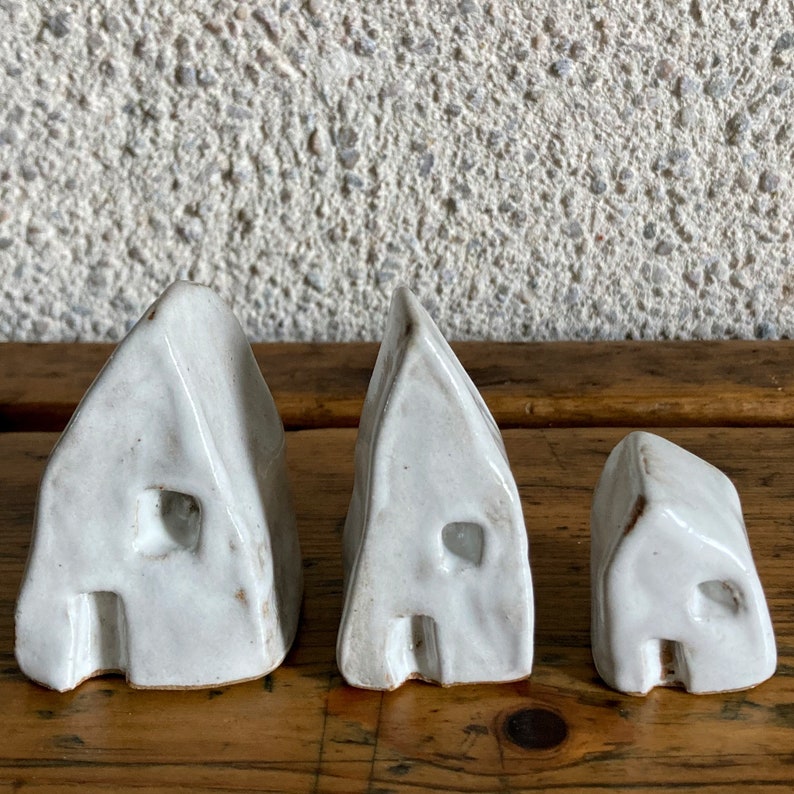 Rustic White Glazed Stoneware Mini Hut House Set of Three image 4