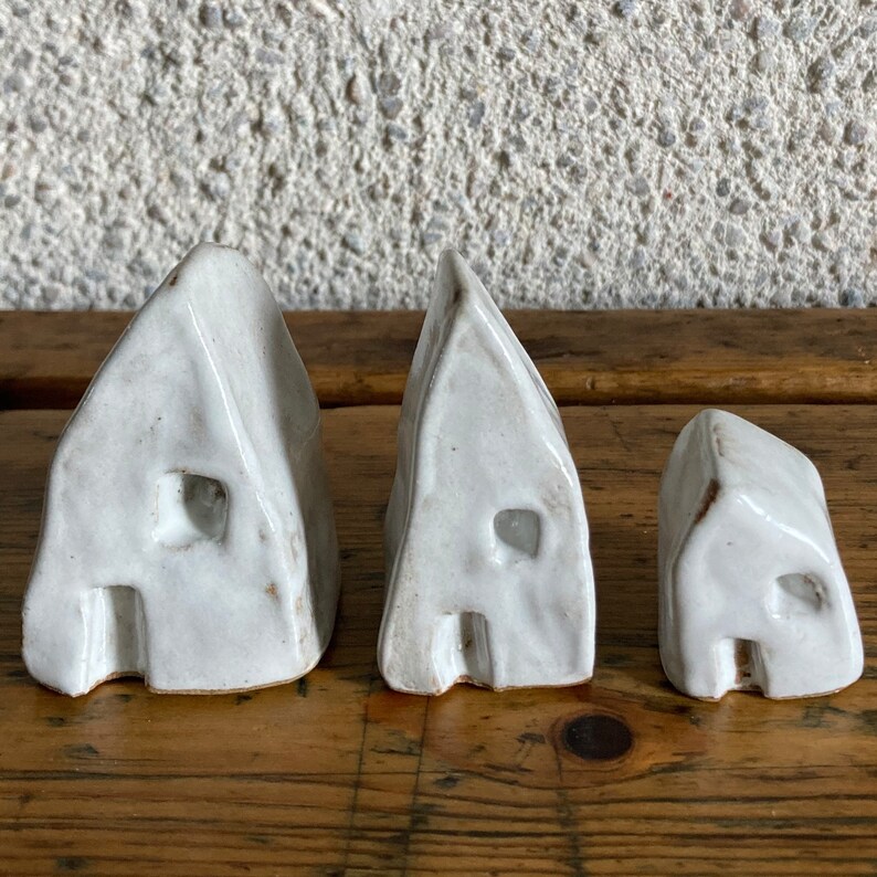 Rustic White Glazed Stoneware Mini Hut House Set of Three image 7