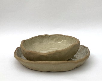 Cream Glazed Unglazed Stoneware Ceramic Snack Tray Dip Dish Nibbles Plate Ring Jewellery Set