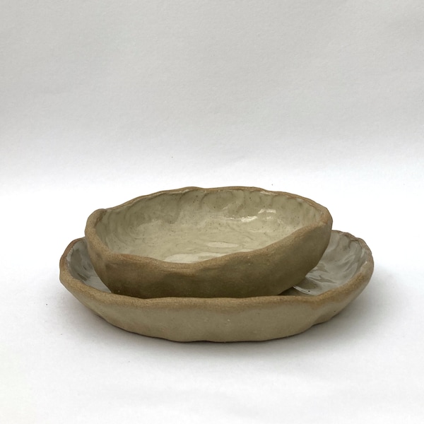 Cream Glazed Unglazed Stoneware Ceramic Snack Tray Dip Dish Nibbles Plate Ring Jewellery Set