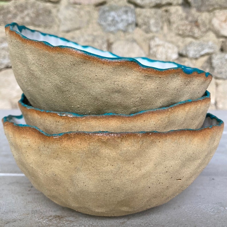 White and Blue Glazed Unglazed Speckled Stoneware Pinch Pot Hand Built Bowl Dish image 4