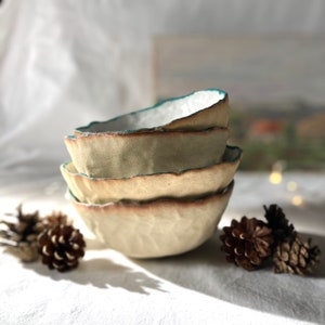 White and Blue Glazed Unglazed Speckled Stoneware Pinch Pot Hand Built Bowl Dish image 1