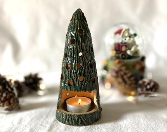 Glossy Dark Green Glazed Stoneware Pottery Bark Christmas Tree Tealight Candle Holder