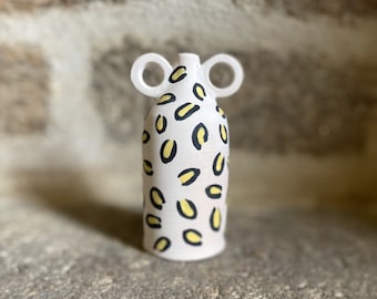 Bottle Shaped Leopard Print Painted Wheel Thrown Ceramic Flower Bud Vase with Decorative Handles