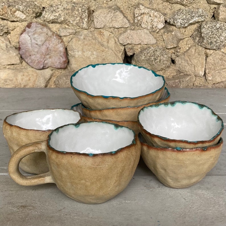 White and Blue Glazed Unglazed Speckled Stoneware Pinch Pot Hand Built Bowl Dish image 9