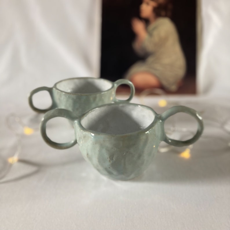 White and Duck Egg Blue Glazed Speckled Stoneware Pinch Pot Hand Built Coffee Tea Hot Chocolate Mug Cup With Double Handles image 2