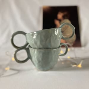 White and Duck Egg Blue Glazed Speckled Stoneware Pinch Pot Hand Built Coffee Tea Hot Chocolate Mug Cup With Double Handles image 1