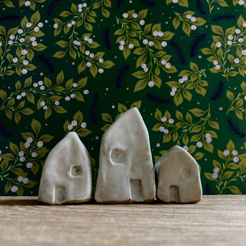 Rustic White Glazed Stoneware Mini Hut House Set of Three image 6