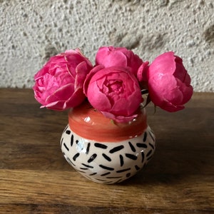 Puede incluir: Un pequeño jarrón de cerámica blanca con un patrón geométrico blanco y negro y una banda roja alrededor del centro. El jarrón está lleno de rosas rosas.