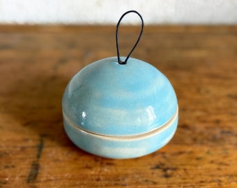Glossy Crackle Aquamarine Blue Glazed Ceramic Wheel Thrown Lidded Jar Trinket Box Pot with Black Leatherette loop