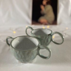 White and Duck Egg Blue Glazed Speckled Stoneware Pinch Pot Hand Built Coffee Tea Hot Chocolate Mug Cup With Double Handles image 4