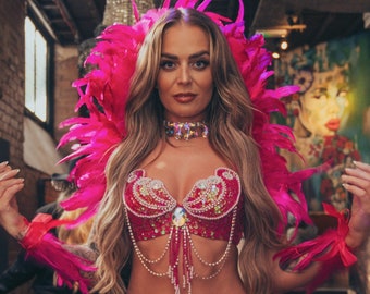 Feather Showgirl Shawl Collar leg and arm cuffs Samba Carnival Rio Feather outfit