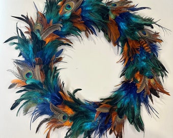 Feather Wreath Extra Large Boho Shabby Chic Rooster Feathers Peacock Feather Wicker Wreath