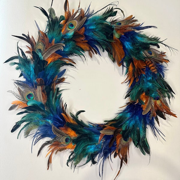 Feather Wreath Extra Large Boho Shabby Chic Rooster Feathers Peacock Feather Wicker Wreath