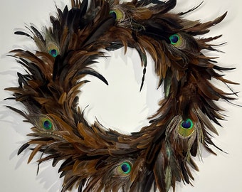 Feather Wreath Extra Large Brown Boho Shabby Chic Rooster Feathers Peacock Feather Wicker Wreath