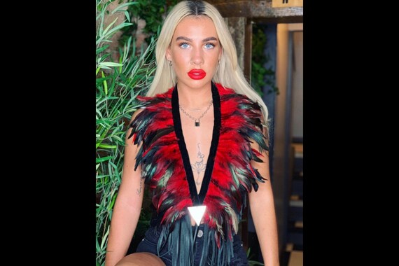 Boho Oversized Feather Necklace Red