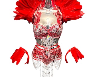 Red Feather Showgirl Shawl Collar leg and arm cuffs Samba Carnival Rio Feather outfit
