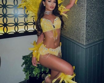 Feather Showgirl Shawl Collar leg and arm cuffs Samba Carnival Rio Feather outfit yellow