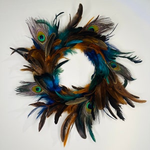 Feather Wreath Small 30cm Boho Shabby Chic Rooster Feathers Peacock Feather Wicker Wreath