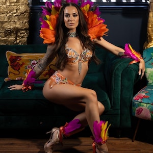 Sunset Feather Carnival Shawl Collar leg and arm cuffs Samba showgirl Rio Feather outfit
