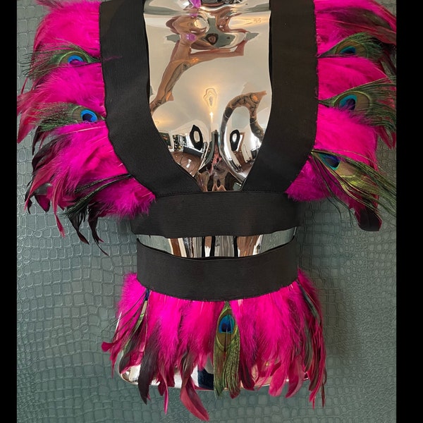 Rose fuschia plume harnais et ceinture paon costume festival tenue carnaval