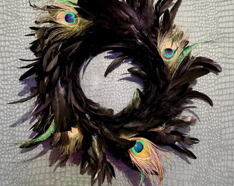 Grande couronne de plumes noires bohème shabby chic
