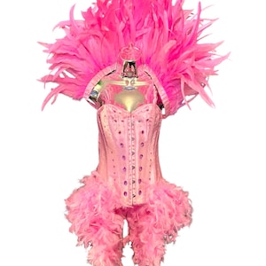 Pink Burlesque costume dress showgirl feather cape carnival outfit