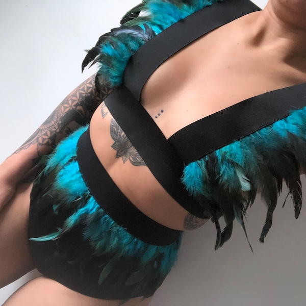 Teal Blue Feather Harness and Belt