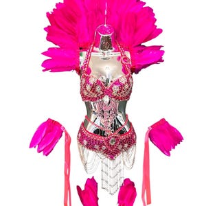 Pink Feather Showgirl Shawl Collar leg and arm cuffs Samba Carnival Rio Feather outfit