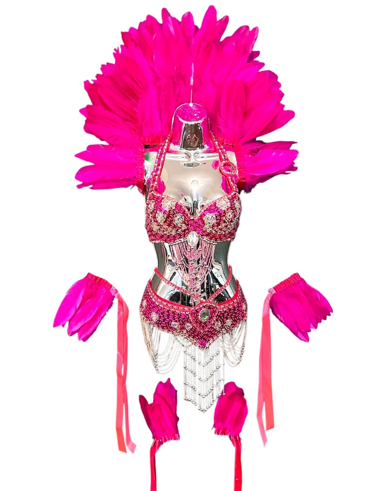 Pink Feather Showgirl Shawl Collar leg and arm cuffs Samba Carnival Rio Feather outfit