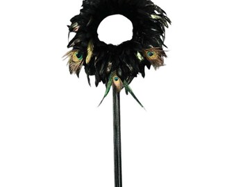 Grande couronne de plumes noires, art mural tendance, plumes de paon, plumes de coq, glands
