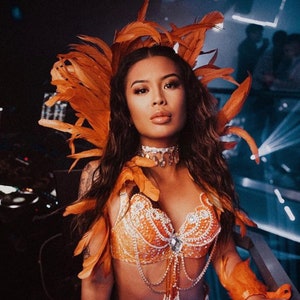 Feather Showgirl Shawl Collar leg and arm cuffs Samba Carnival Rio Feather outfit Orange