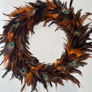 60cm Feather Wreath Extra Large Brown and Orange Fall Autumn Boho Shabby Chic Rooster Feathers Peacock Feather Wicker Wreath