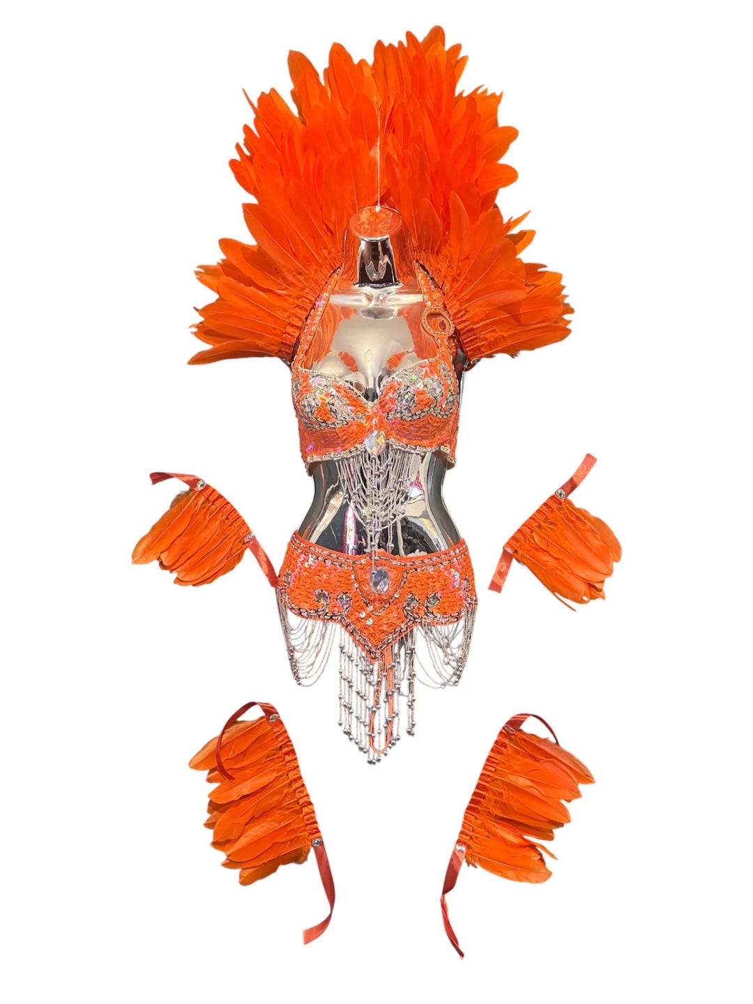 Orange Feather Showgirl Shawl Collar Leg and Arm Cuffs Samba Carnival ...