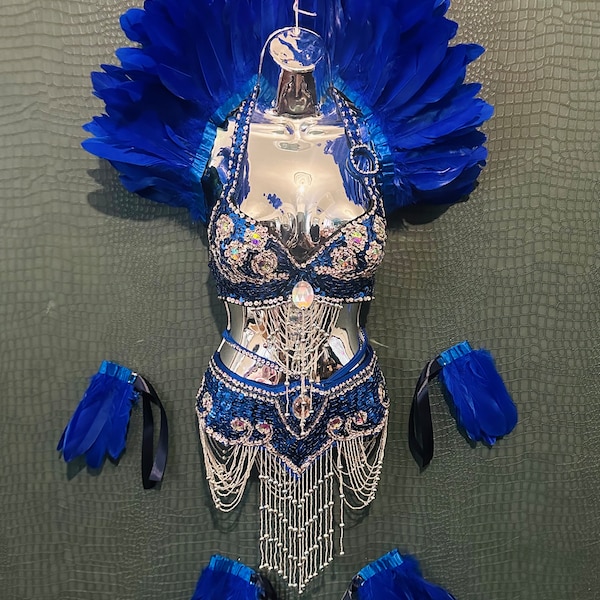 Royal Blue Feather Showgirl Shawl Collar leg and arm cuffs Samba Carnival Rio Feather outfit