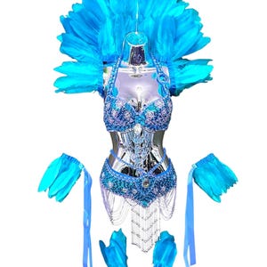 Aqua Blue Feather Showgirl Shawl Collar leg and arm cuffs Samba Carnival Rio Feather outfit